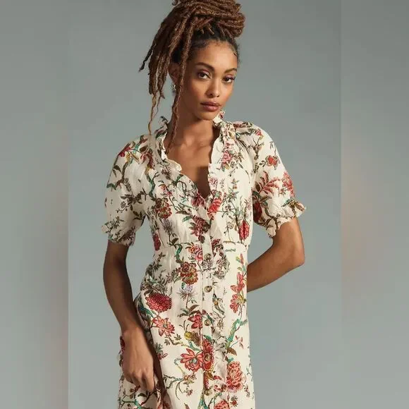 Anthropologie Pilcro Ruffle-Collar Buttondown Dress Cream Floral Boho Size 12